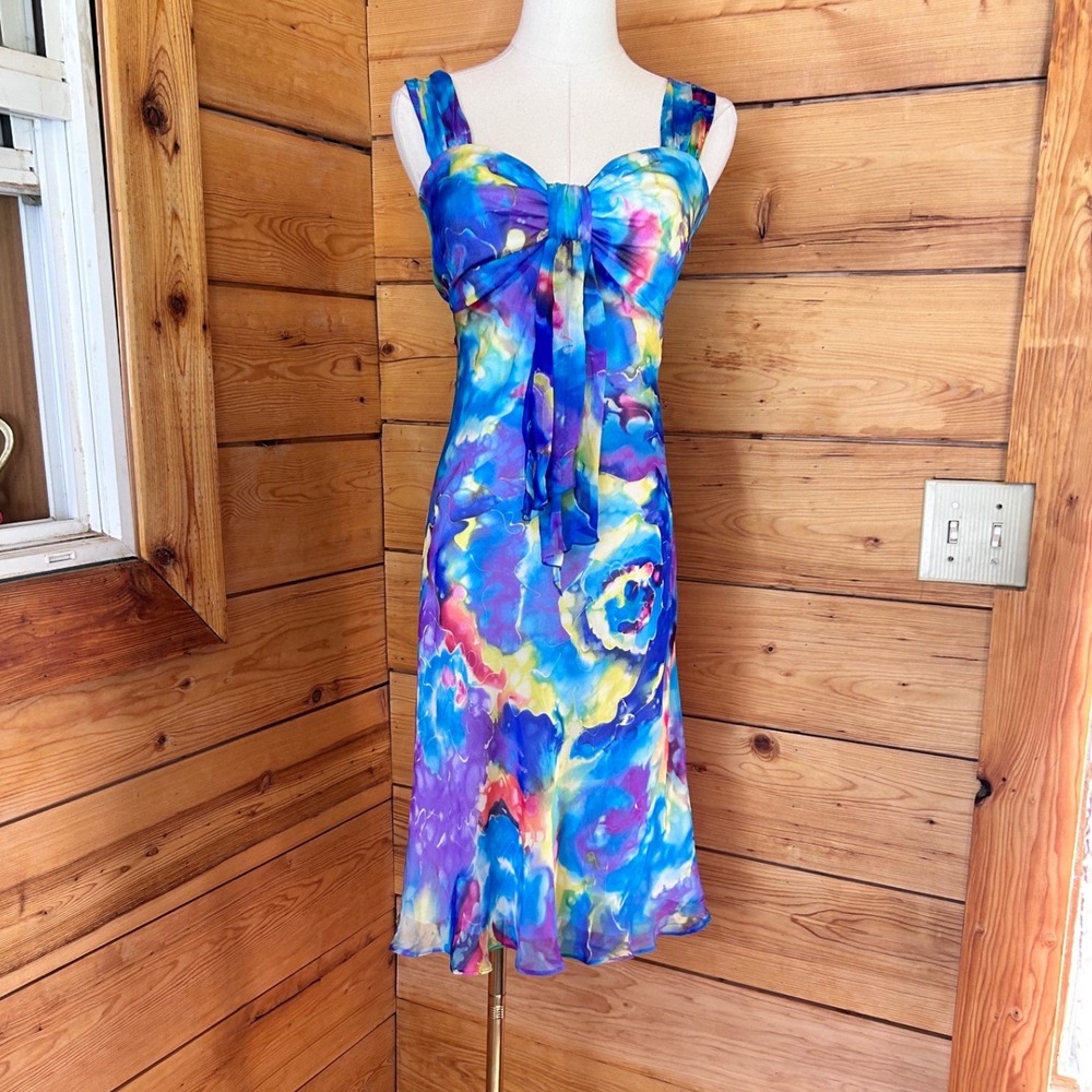 Vintage Silk Watercolor Floral Midi Dress Women's 8 Blue Bianca Nygard Y2K HoCo